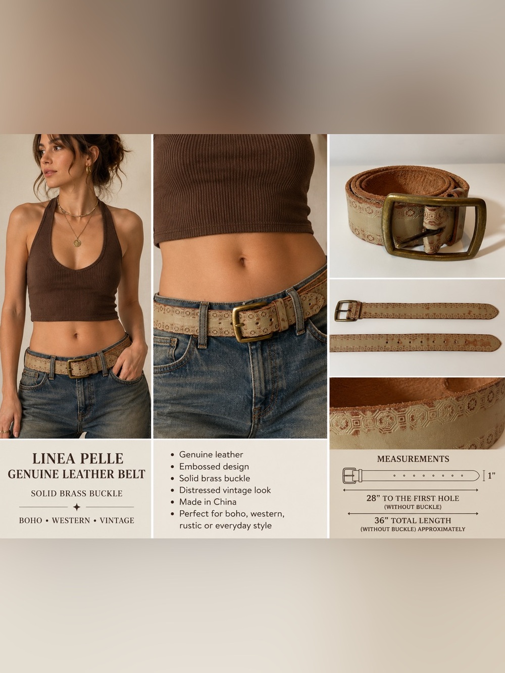 Linea Pelle Genuine Leather Embossed Belt Solid Brass Buckle Boho Western 36"